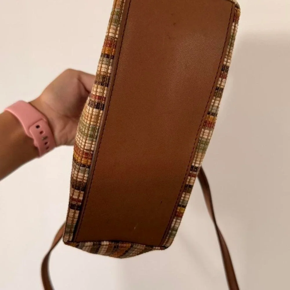 Fossil brown + tan striped handbag with funky‎ handle and strap